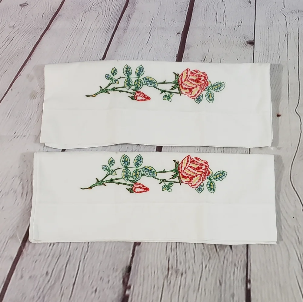 Vintage Embroidered Rose Pillow Cases